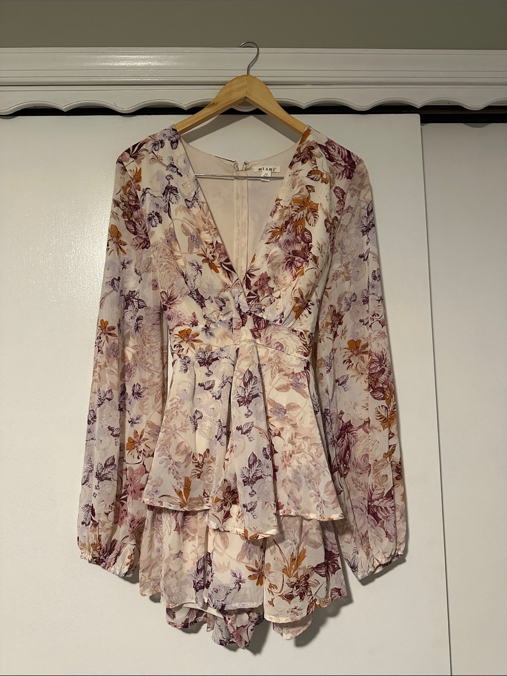 Floral V-Neck Long Sleeve Mini Romper - Cream with Purple & Mustard Floral